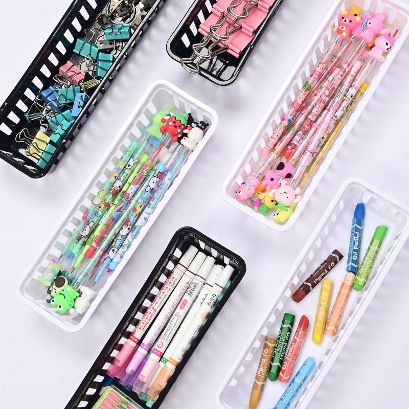 whillar Slim Pencil Organizer Storage Container Color Pencil Marker Crayon Small Plastic Storage Basket Container Tray box for Office Classroom Home (Black and white 9 PCS, S) - Image 5